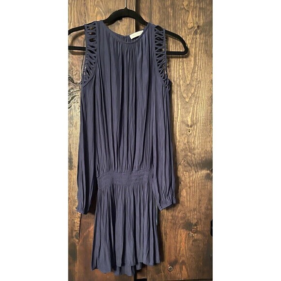 RAMY BROOK Dress Womens XS Navy Blue Blouson Long Sleeve Mini Smocked Waist - Picture 3 of 7